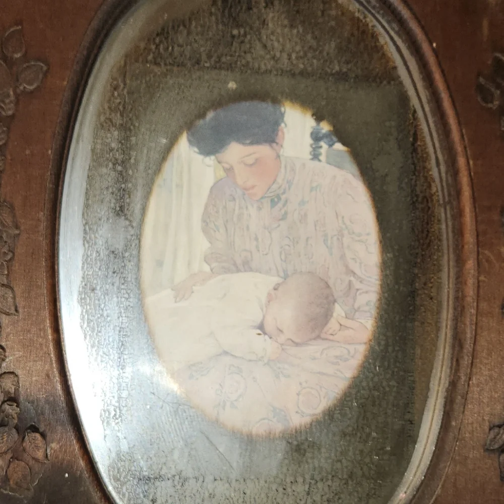 Antique 1930s Floral Etched Mirror Carved Wooden Frame